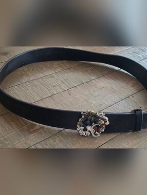 Gucci Tiger Head Enamel & Leather Belt, Mens